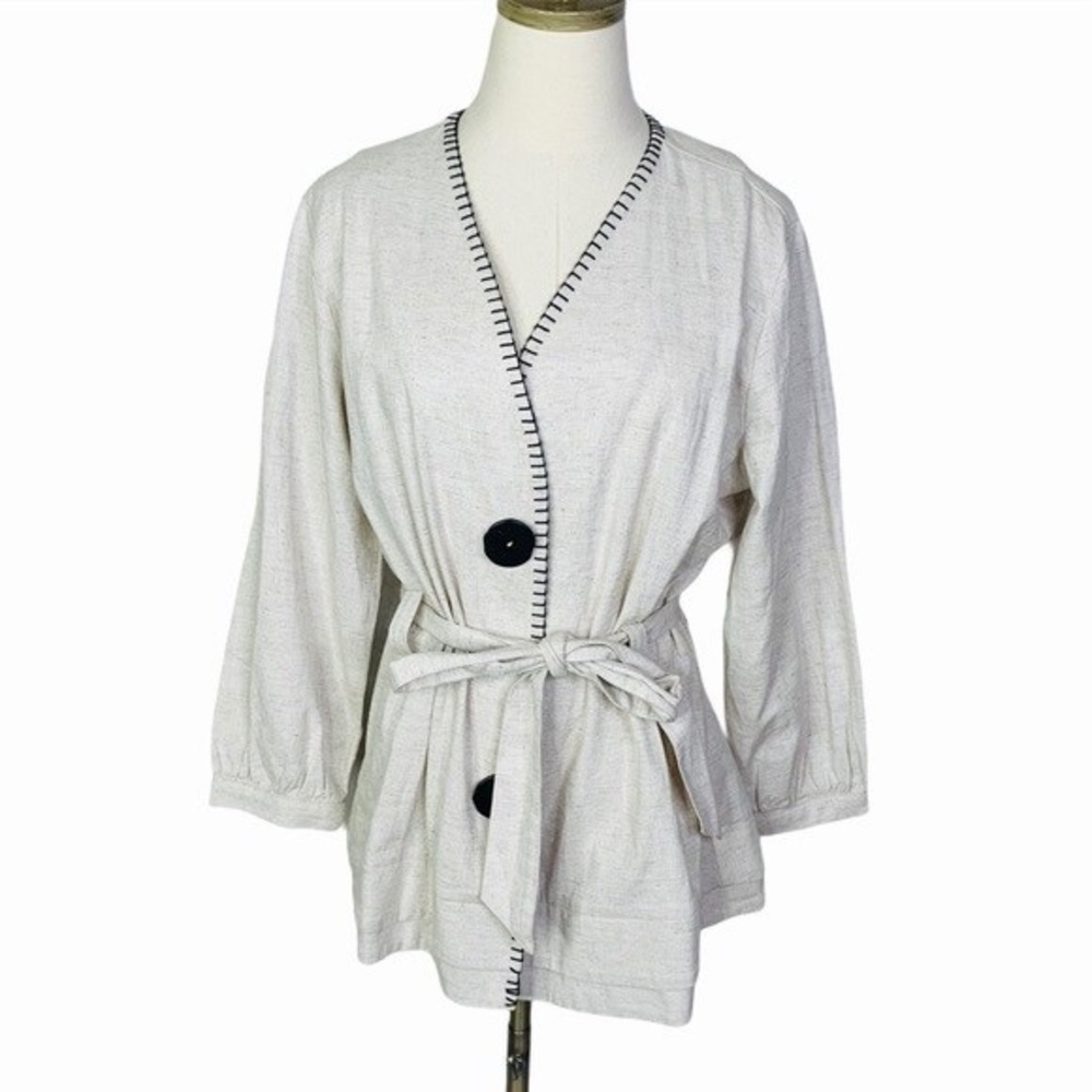 Zara NWT light beige and black contrast button front linen tie belted cardigan - Picture 5 of 10
